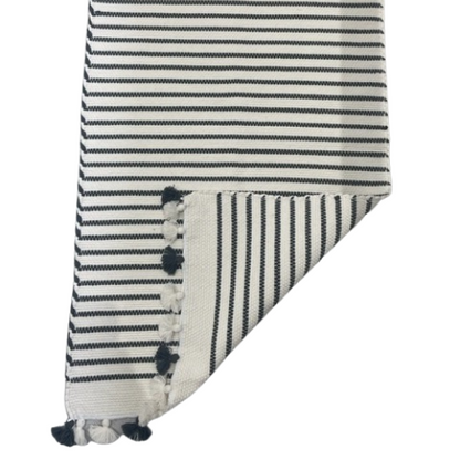 Tapis de bain en coton rayé avec pompons - Blanc et  Gris foncé