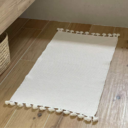 Tapis de bain en coton avec pompons - Blanc et Noir unis